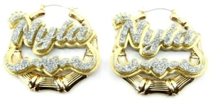 Gold Bamboo Hoop Earrings 2.5" Name Laser Cut Diamond Look, Swirls Heart Crown - Picture 1 of 12