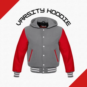 Varsity Letterman Baseball Bomber Wool Jacket Hoodie Men's Real Leather Sleeves - Picture 1 of 7