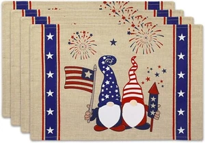 4th of July Patriotic Memorial Day Table Placemats, 12 x 18 inch Vintage Burlap - Picture 1 of 7