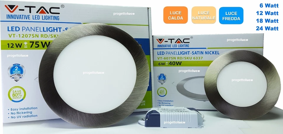 V-TAC PANNELLO LED FARO FARETTO ROTONDO NIKEL SATINATO INCASSO 6W 12W 18W 24W  - Immagine 1 di 1