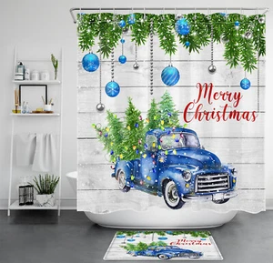 Rustic Board Blue Truck Christmas Tree Shower Curtain Set for Bathroom Decor - Picture 1 of 18