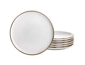 Elama Arthur 6 piece Stoneware Salad Plate set in matte white with gold rim - Picture 1 of 3
