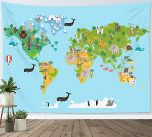 World Map Tapestry Kids Cartoon Wildlife Continent Wall Hanging For Living Room