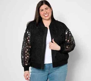 Isaac Mizrahi Zip Front Lace Bomber Jacket w/Pockets-Pitch Black-2X A645030 - Picture 1 of 1