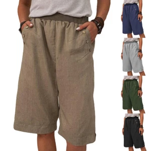 Women Elastic Waist Casual Shorts Cotton Linen Pockets Summer Short Pants M-4XL - Picture 1 of 22