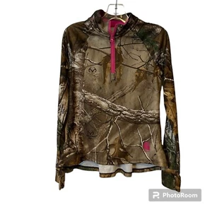Carhartt Camo Top Girls Size 5 Peplum Hem Long Sleeve 1/4 Zip Brown Pink - Picture 1 of 9