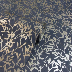 Navy Gold Leaf Wallpaper Metallic Shimmer Textured Floral Feature Wall Bedroom - Picture 1 of 4