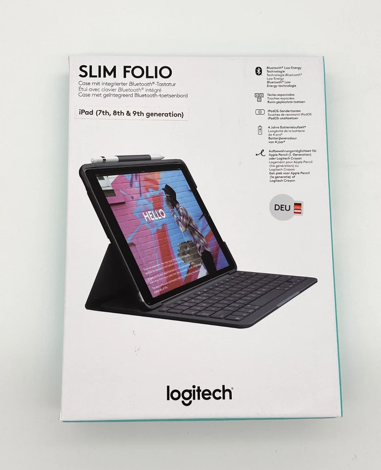 Logitech Slim Folio Tastaturhülle für Apple iPad 7./8./9. Gen - Graphit Deutsch - Bild 1 von 4