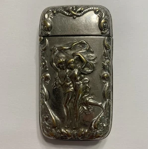 ANTIQUE VICTORIAN c.1890 VESTA CASE TALL NICKEL PLATED MALE FEMALE FIGURE 2 7/8” - Picture 1 of 5