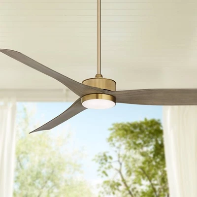 60" Montage Modern Indoor Outdoor Ceiling Fan with LED Light Remote Brass Wood - Image 1 of 4
