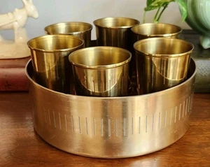 Six MINT JULEP 12oz Cups and Matching 10" Tray Gold Tone Aluminum EUC - Picture 1 of 13