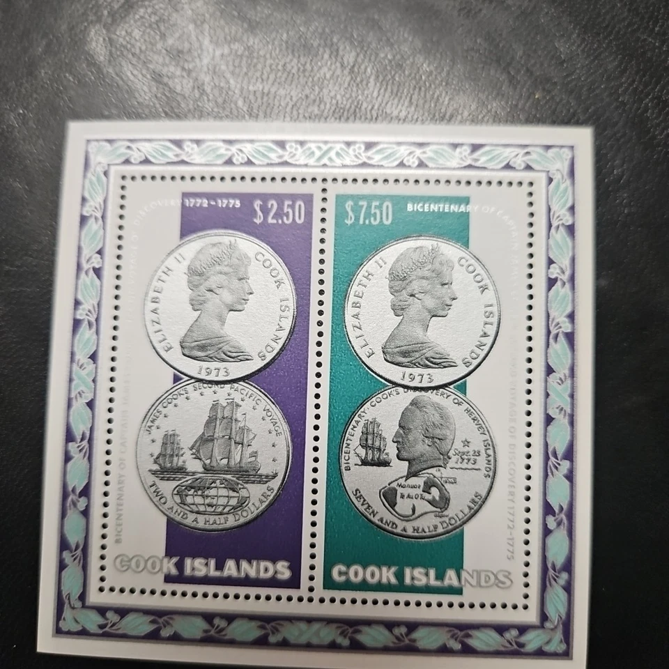 COOK ISLANDS 407a, 1974 CAPT. COOK (COINS), S/S OF 2, MNH - Image 1 of 1