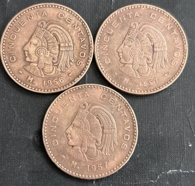Lot of 3- Mexico 50 Centavos Coin - Cuauhtemoc - Eagle with Serpent-1956-57-# B - Image 1 of 3