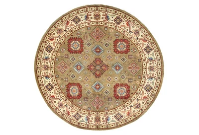 Handmade Kazak Round Rug 9X9 ft Geometric Tribal Style Wool Oriental Carpet - Image 1 of 4