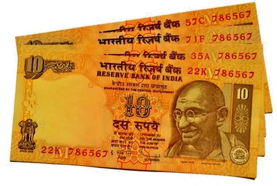2010- 10 RUPEE INDIA REPUBLIC SAME NUMBER 786567 - 4 UNC NOTES LOT - Image 1 of 3