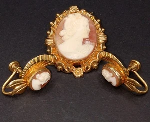 Vintage Nachlass Gold Filled Muschel Kamee Brosche Anstecknadel & Ohrringe - Bild 1 von 4