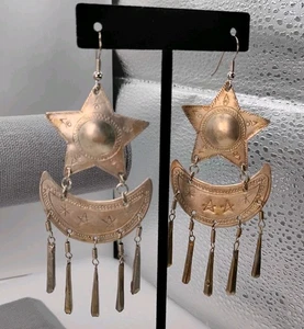 Vtg Artisan Moon Stars Dangle Earrings Silvertone Handmade 3.5" Drop Celestial - Picture 1 of 4