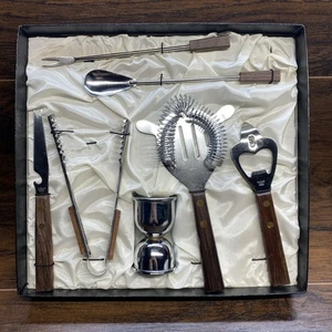 Vintage MCM 7pc Bar Drink Mixing Set Japan Stainless Steel Wood Handles Man Cave - Picture 1 of 10