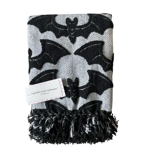 Cupcakes & Cashmere Embroidered Bats Chenille Halloween Throw 50x70 Black White - Picture 1 of 14