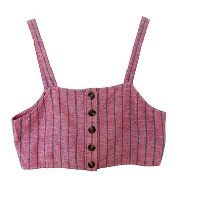 American Eagle Crop Top Sz Medium Washed Red Black Stripe Cotton Linen Smocked - Image 1 of 4