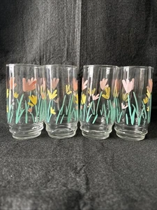 Menge 4 Abstrakt Frühling Sommer Blumen Rosa Gelb Tulpe Glas Becher Set Vintage - Bild 1 von 8