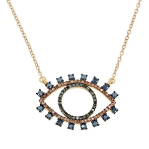 925 Sterling Silver 1ctw Green, Blue & Champagne Diamond Evil Eye Charm Necklace - Picture 1 of 5