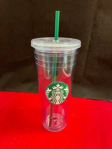 STARBUCKS 24 oz BICCHIERE acrilico trasparente isolato doppia parete con cannuccia verde - Foto 1 di 3