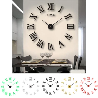 3D DIY Extra Large Roman Numerals Luxury Mirror Wall Sticker Clock Home Decor UK - Image 1 of 4