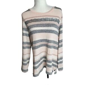 CJ Banks Sweater Top Plus Size 1X 14W Beige Pink Gray Sequin Stripes New W/Tags