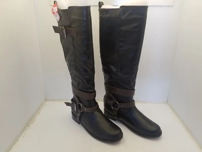 BOTA HASTA LA RODILLA RESTRINGIDA NEGRA MUJER TALLA 6.5 CON HEBILLA MARRÓN NNB Foto 1 de 4