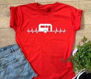 Ladies Caravan Heartbeat T Shirt Camping Holiday Park Tourer Touring Gift Top