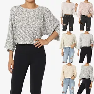 TheMogan Crew Neck 3/4 Bell Seeve Marled Knit Boxy Crop Top Pullover Sweater - Picture 1 of 44