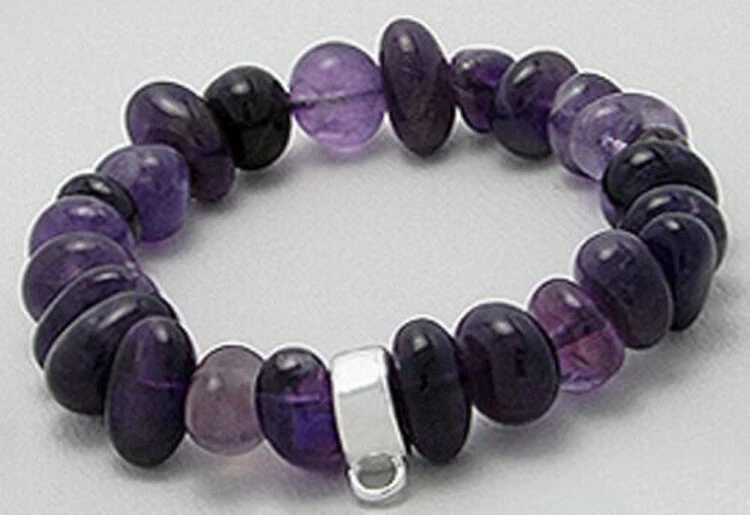 Solid Sterling Silver Purple Amethyst Beaded Charm Bracelet 13mm Wide 25.2g  - Image 1 of 1