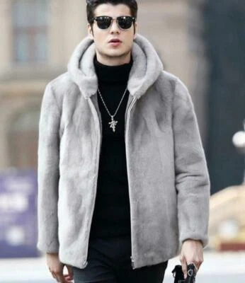 Light Gray Chic Men Faux Fur Hoodie Coat Jacket Trench Overcoat Parka S-6XL QAZM - Image 1 of 4