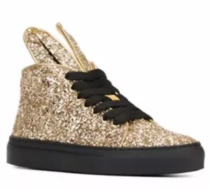 Minna Parikka Bunny Ears Sneaker •Women 40 /US 9• Gold Glitter Black Hi Top - Picture 1 of 15