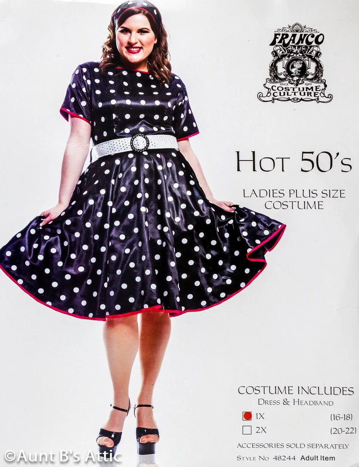 Fantasia de vestido de dia de bolinhas dos anos 50 3 peças preto e branco cetim poli cinto e faixa para a cabeça - Imagem 1 de 4
