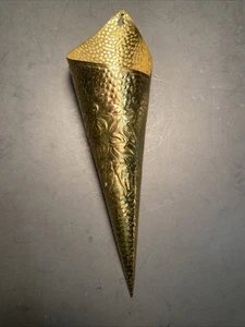 MCM England Hammered Brass Embossed Floral Wall Pocket Match Holder Cone - Picture 1 of 7