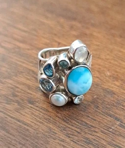 Precioso anillo de joyería de plata de ley Larimar y otras 6 piedras de plata 925 - Imagen 1 de 19
