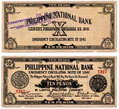 1941 PHILIPPINE Cebu S217 10 Pesos Counter Stamped Sogod, Leyte By Justimbaste - Image 1 of 4