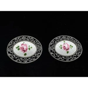 Vintage Signed Tip Toe Guilloche Enamel Hand Painted Rose Shoe Clips - Picture 1 of 10