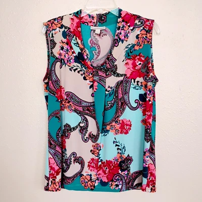 Blusa Dana Buchman Multicolor Cachemira Sin Mangas Cuello en V Poliéster Top ~ Talla L Foto 1 de 4