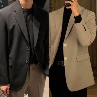 Korean Casual Blazer for Men Loose Fit Business Jacket with Solid Color - Image 1 of 4