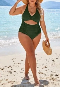 Blooming Women Swimsuit Tummy Control Cutout High Waisted Bathing Suit Green XXL - Picture 1 of 14