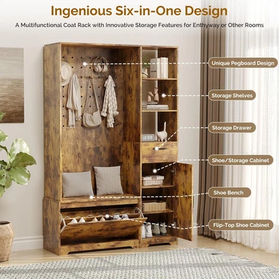 Hall Tree 带长凳和鞋存储鞋和外套架 73 英寸高乡村棕色 — 第 1/4 张图片