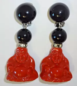 Fun Vintage Dangle Buddha Red & Black Molded Plastic Earrings w/ Rhinestones - Picture 1 of 6