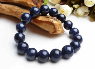 Brazalete de Reiki elástico cuentas redondas grandes piedras preciosas zafiro azul natural 15 mm AAA Foto 1 de 3