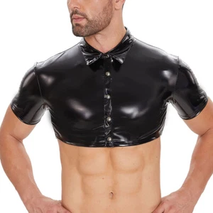 Hombres Camisetas Manga Corta Cuero PU Brillante Top Corto Botones Camisetas Ajustadas Prendas para Club nocturno - Imagen 1 de 11