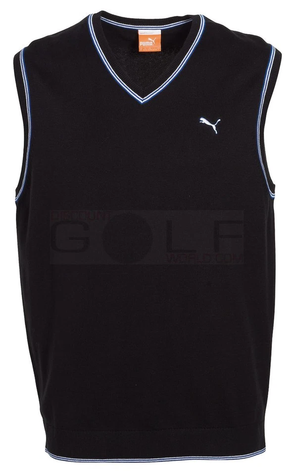 Puma V-Ausschnitt Golfpullover Weste schwarz mit blau & weißem Borte 100 % Baumwolle S - XXXL