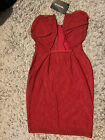 PLT PRETTY LITTLE THING SIZE 10 RED THICK STRETCH BODYCON FRILL HEM PARTY DRESS
