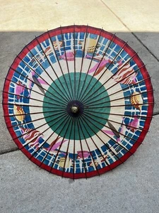 Occupied Japan Fish Umbrella Parasol 1945-1952 Post WWII Wood w/Bamboo - Picture 1 of 13